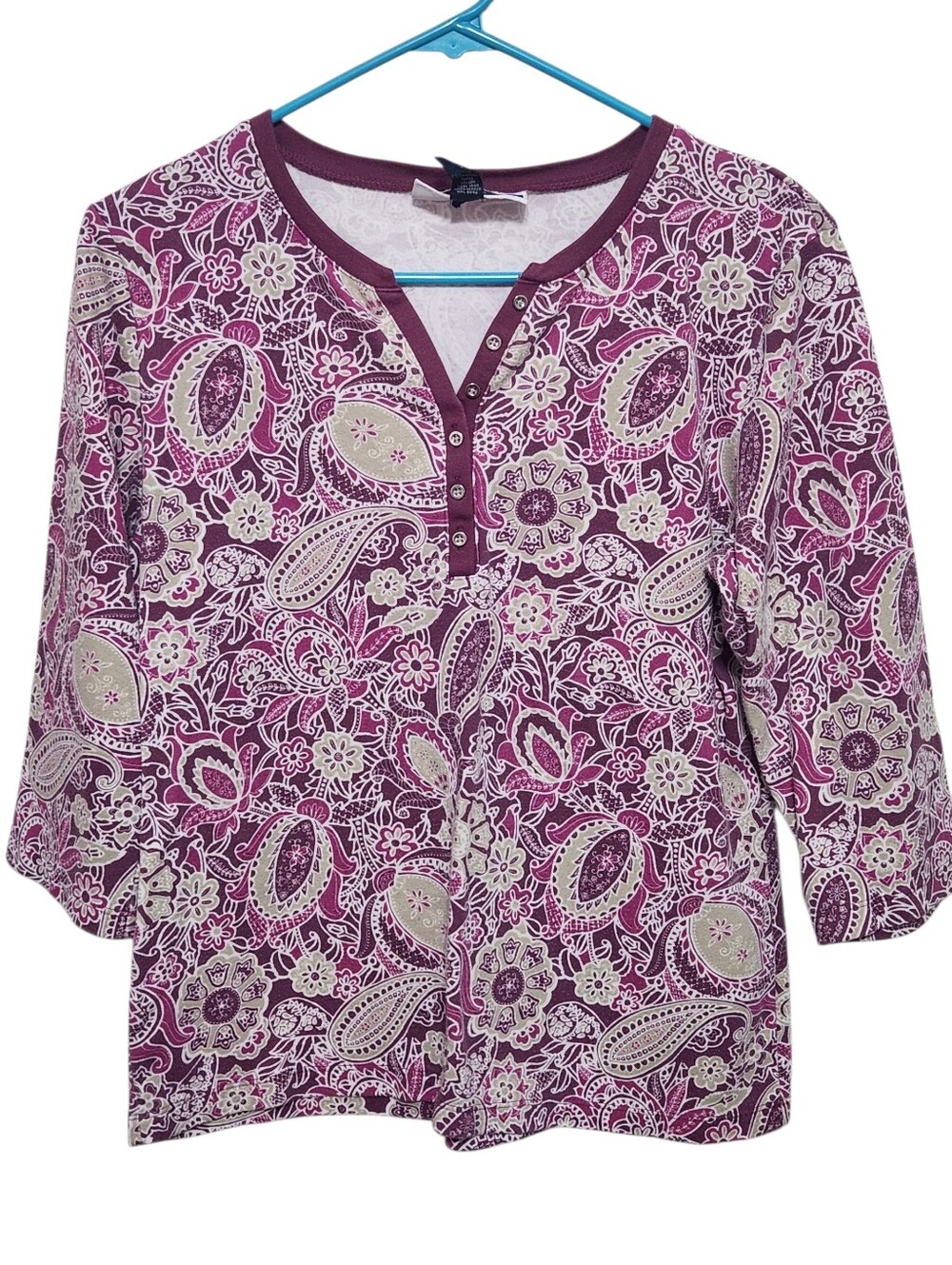 Karen Scott Plum Paisley Henley Long Sleeve Top